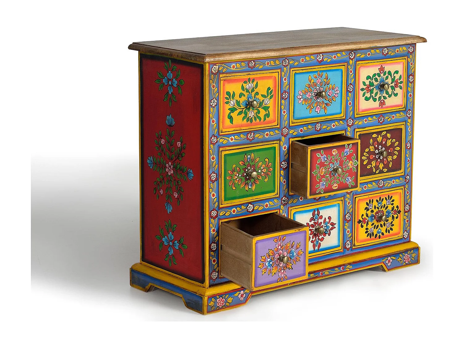 Commode en bois de manguier avec détails multicolores peints à la main