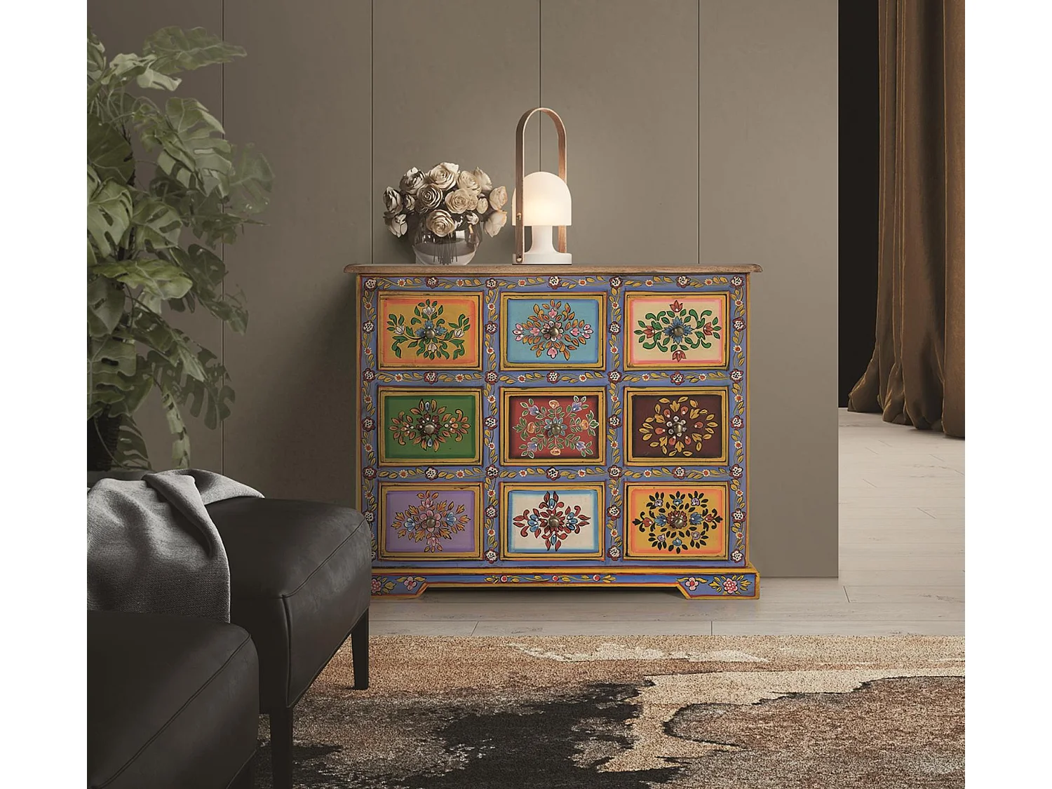 Meuble d'appoint en bois de manguier, MDF 70 cm, style ethnique - 60 x 70 x 30 cm