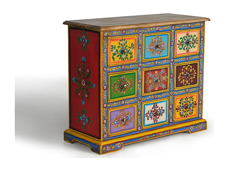 Commode en bois de manguier avec détails multicolores peints à la main