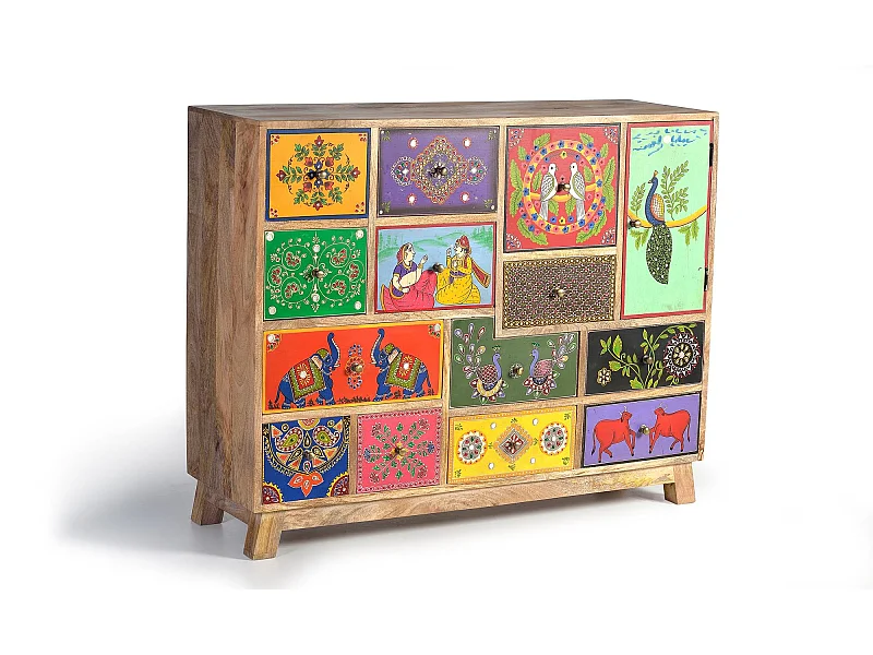 Commode multicolore en manguier peint à la main