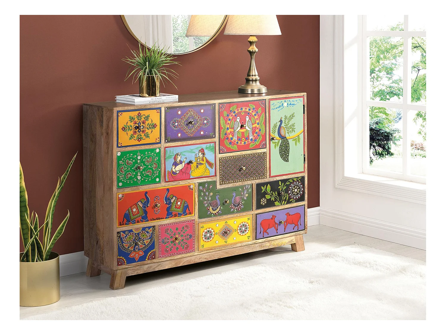 Commode multicolore en manguier peint à la main