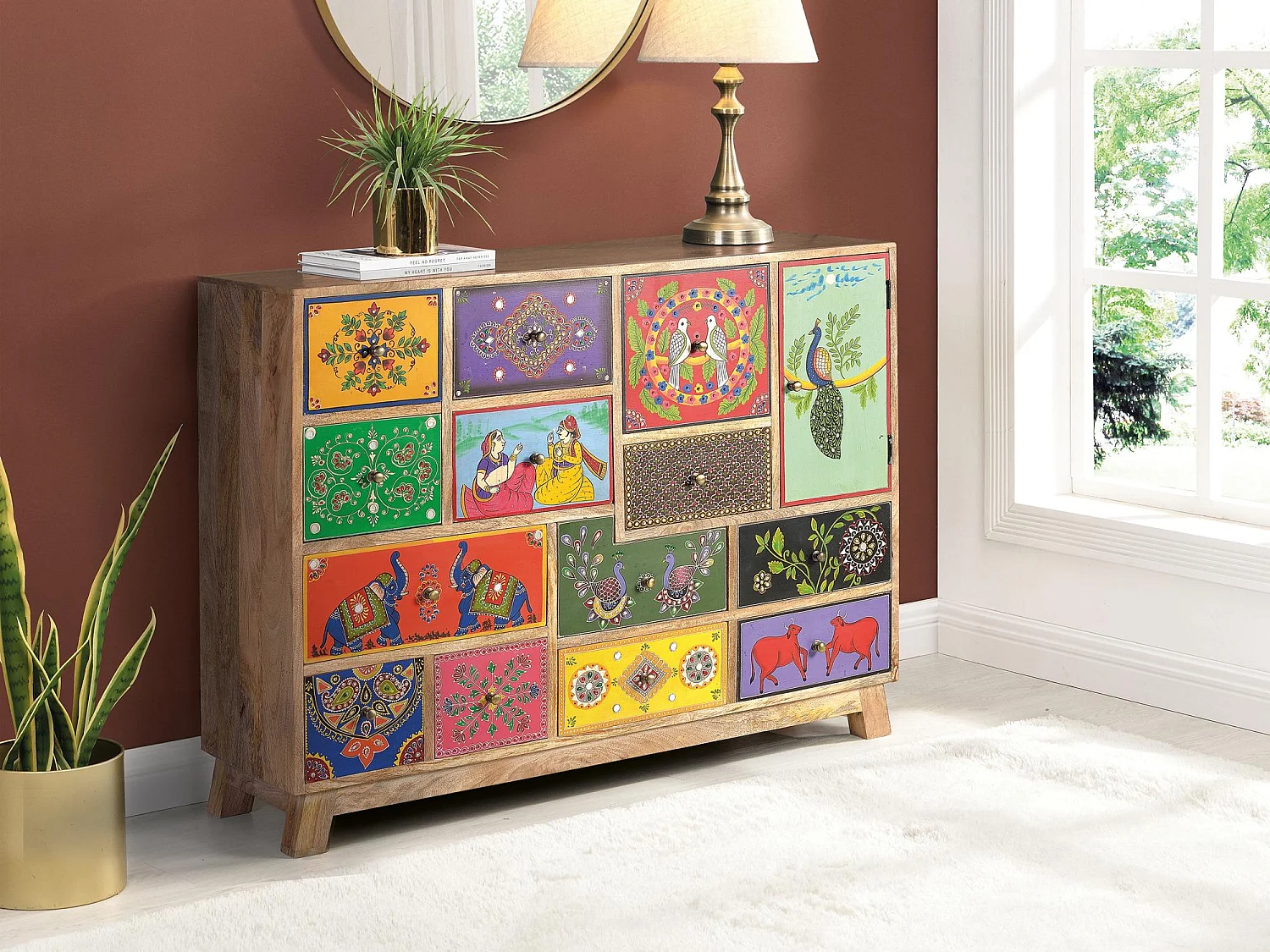 Commode multicolore en manguier peint à la main