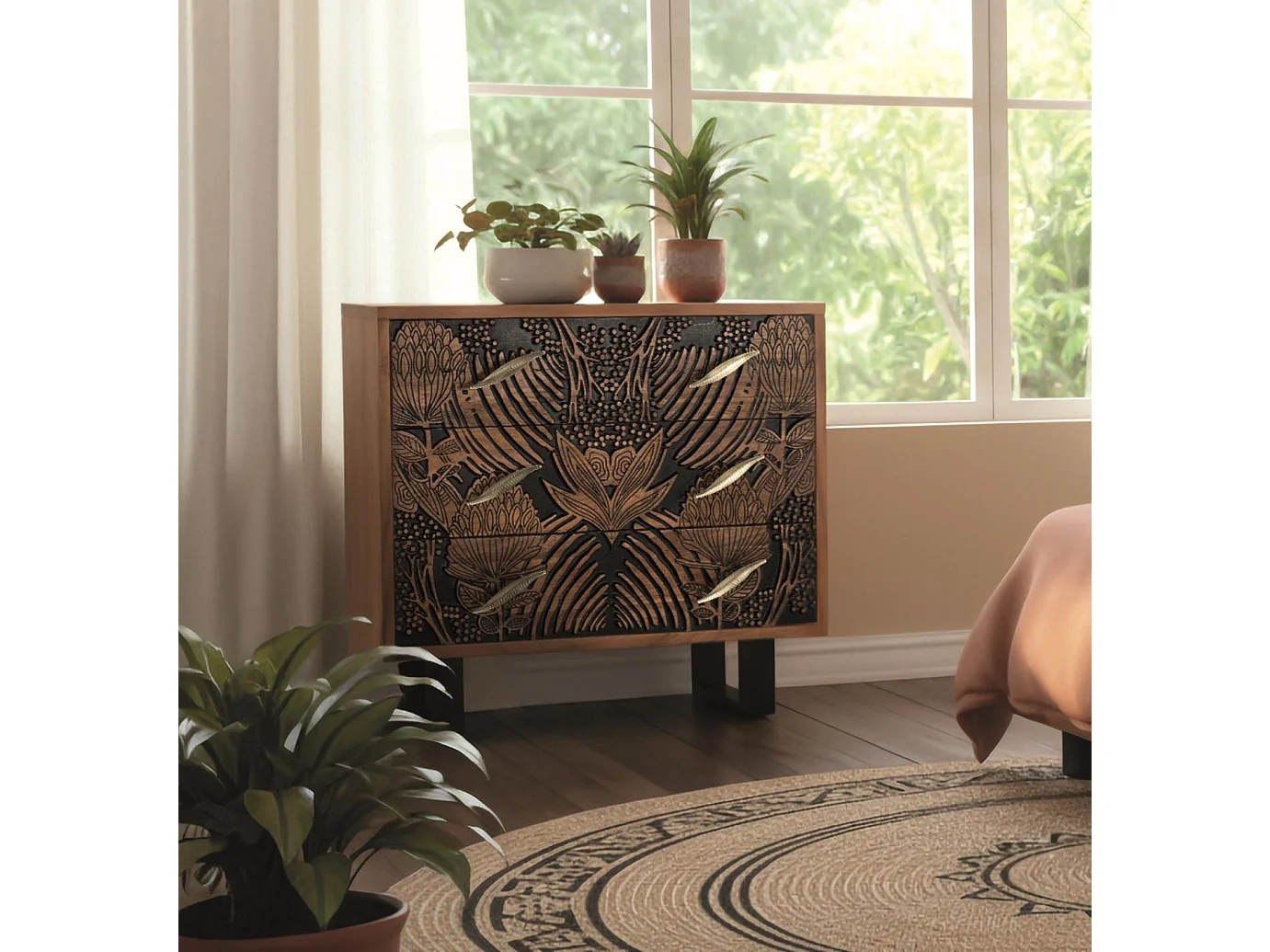 Commode en bois d'acacia 93 cm, style ethnique moderne - 83 x 93 x 40