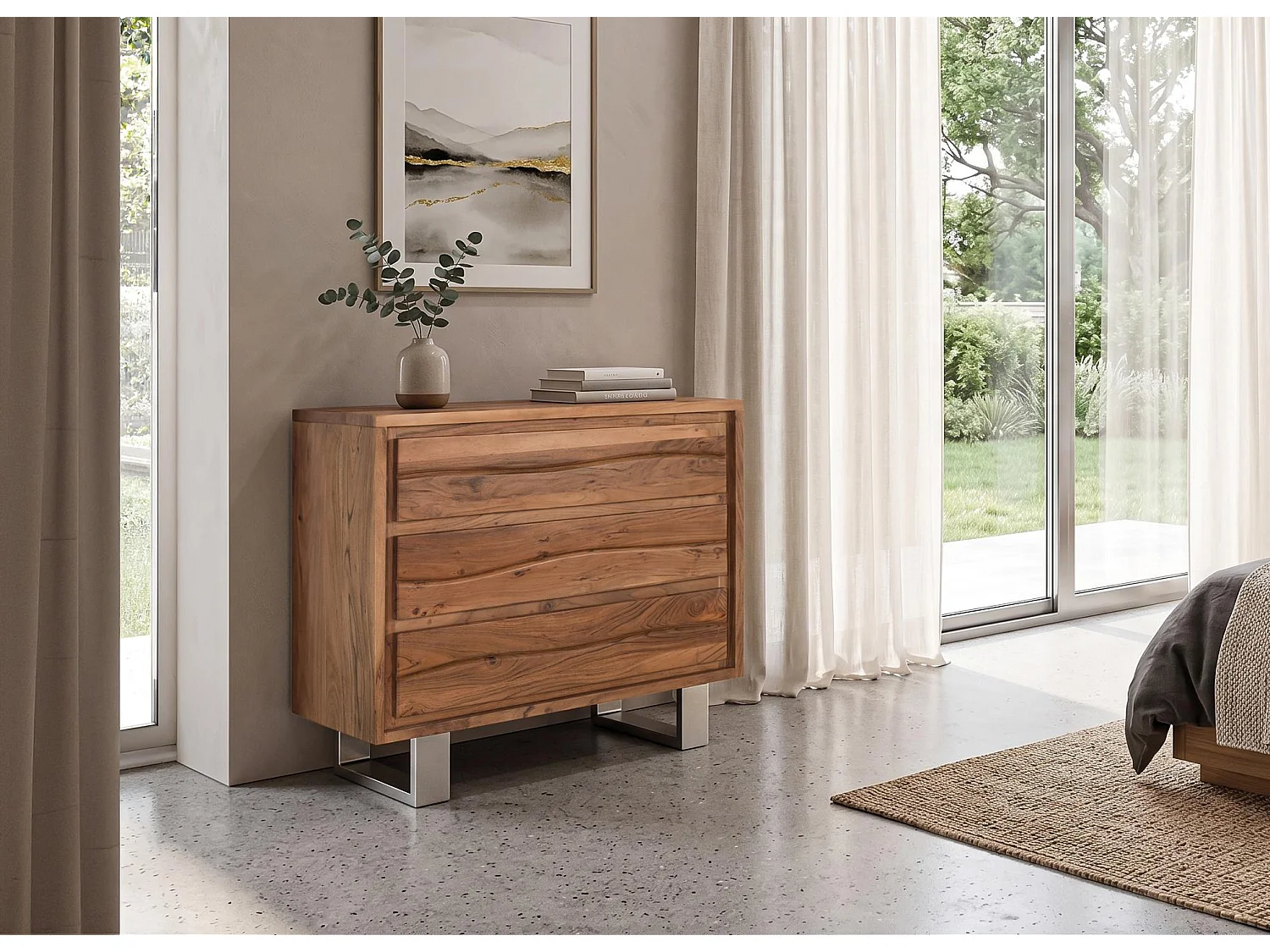 Commode en bois d'acacia 91 cm, style rustique moderne - 81 x 91 x 40