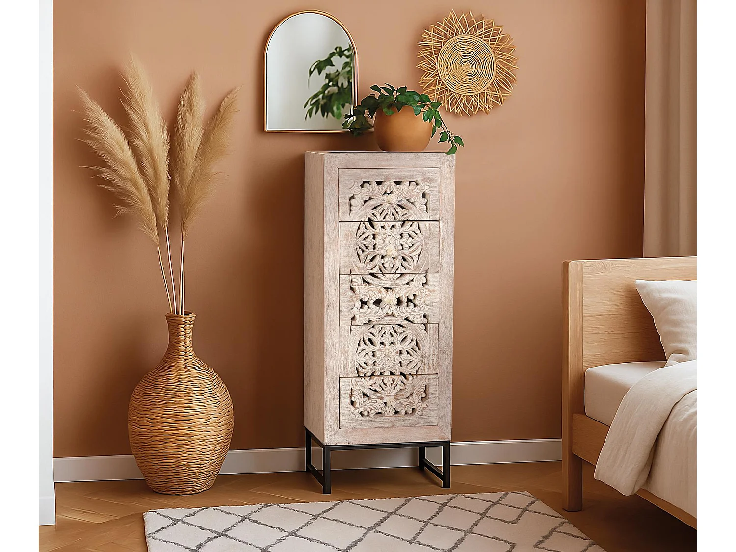Commode en bois de manguier sculptée, style ethnique bohème, 45 cm - 106 x 45 x 35 cm