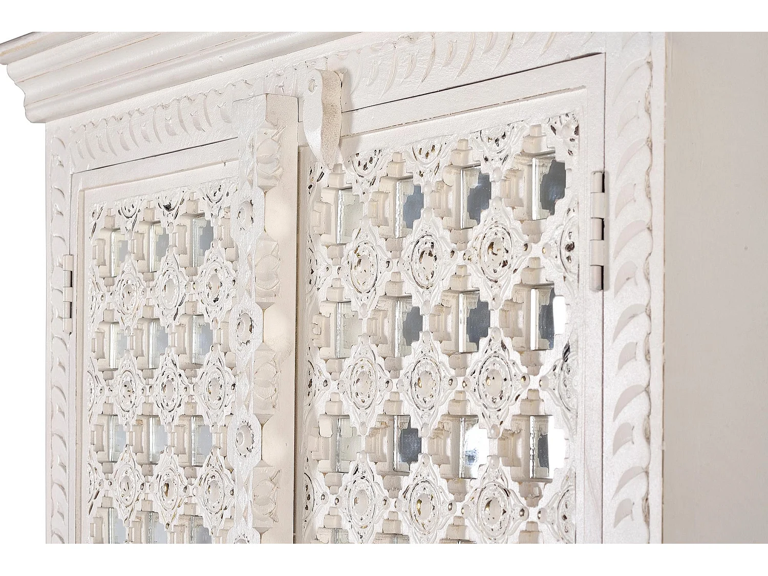 Détails de miroir d'armoire en bois de manguier en blanc