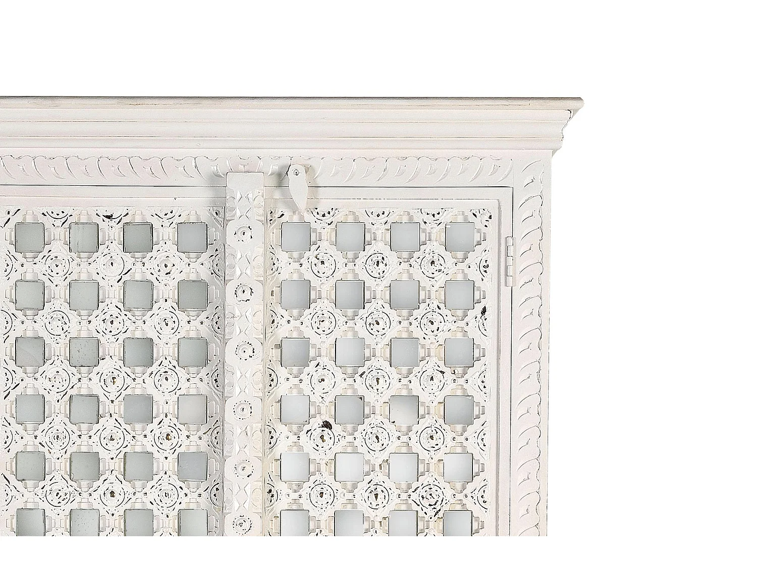 Détails de miroir d'armoire en bois de manguier en blanc