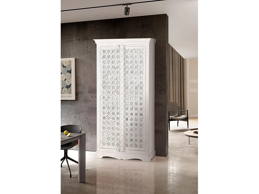 Détails de miroir d'armoire en bois de manguier en blanc