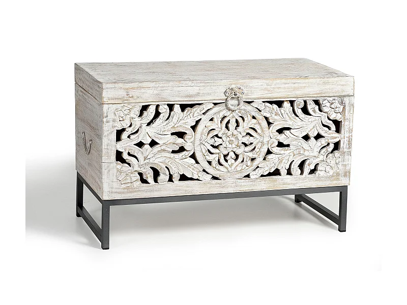 Kommode aus Mangoholz mit Beinen aus gealtertem weißem Metall