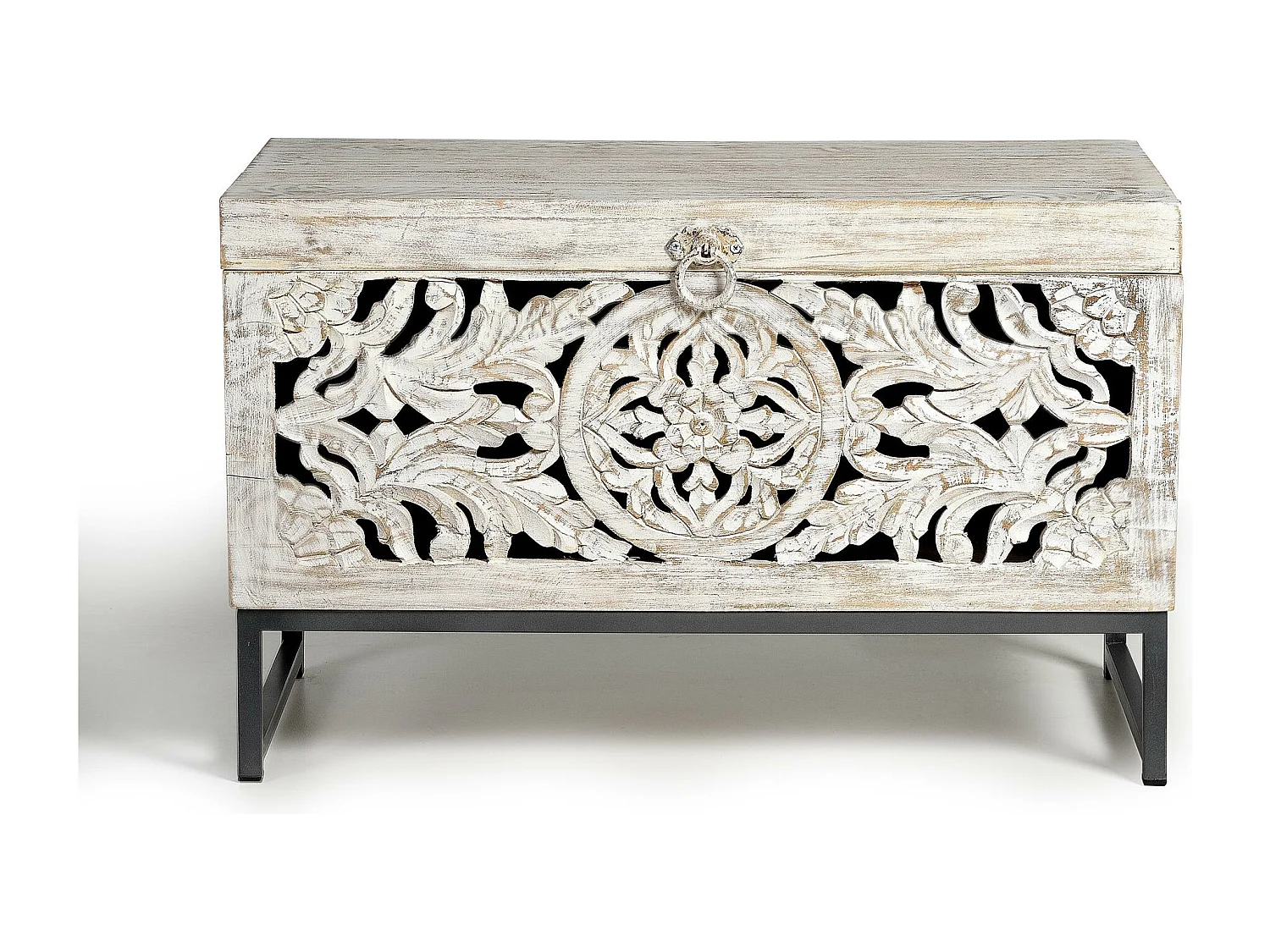 Coffre en manguier et pieds en métal blanc vieilli