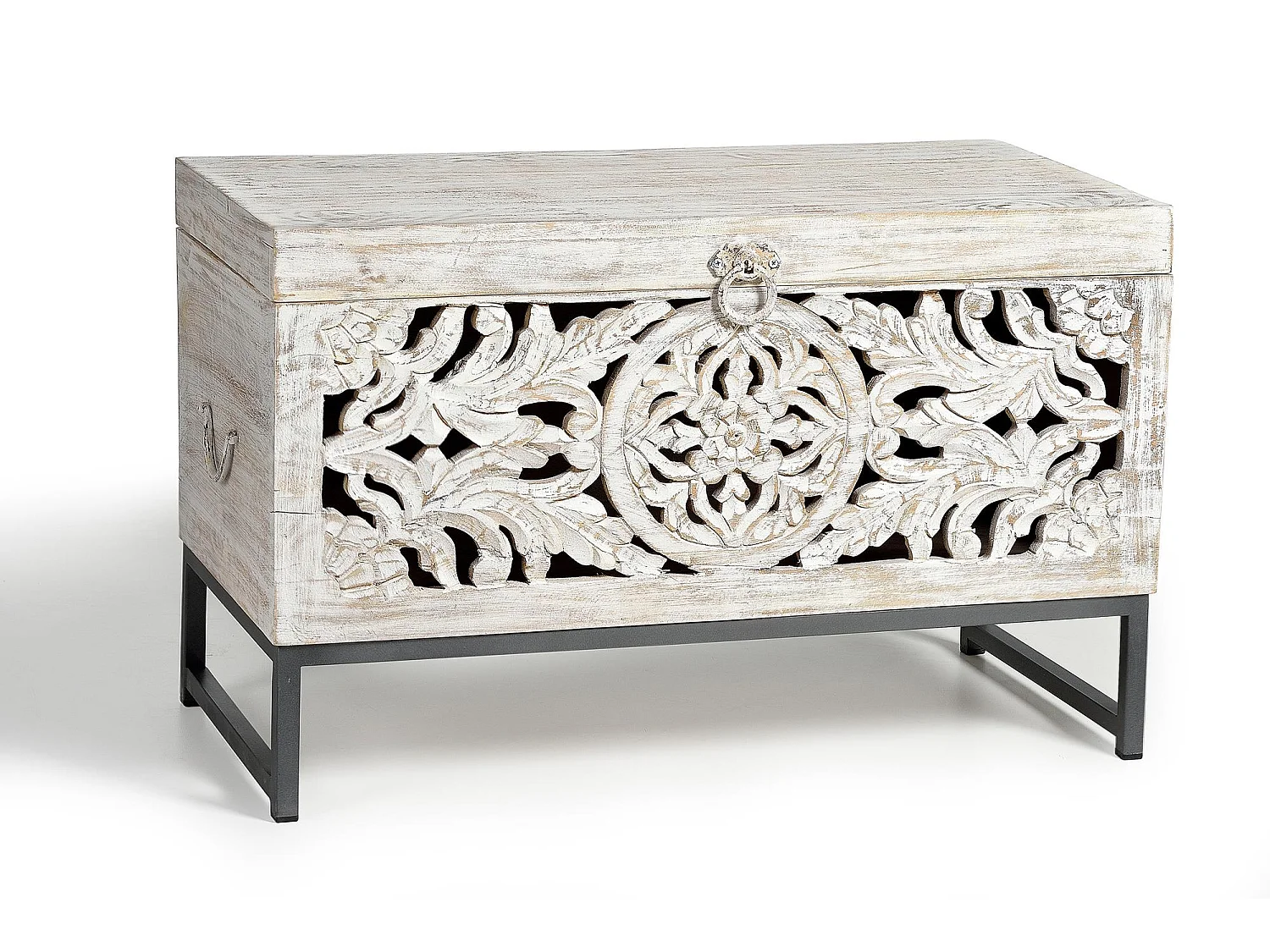 Baúl madera de mango y patas metal en blanco envejecido