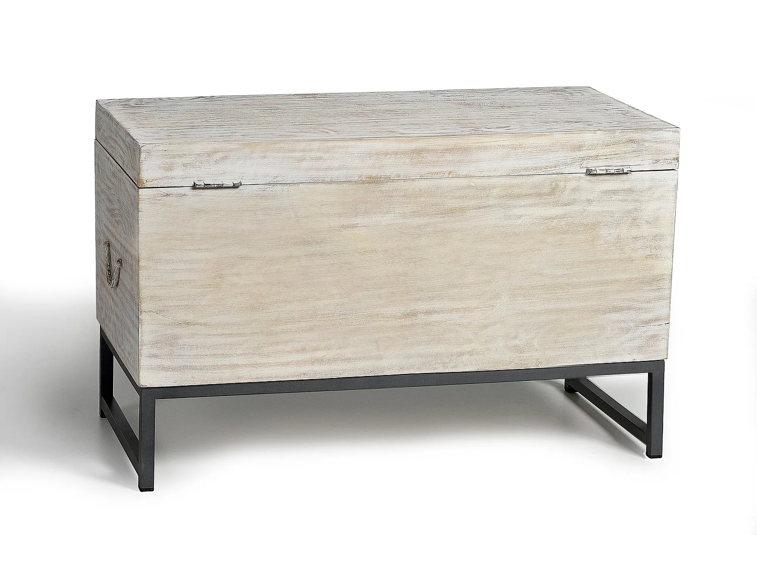 Baúl madera de mango y patas metal en blanco envejecido