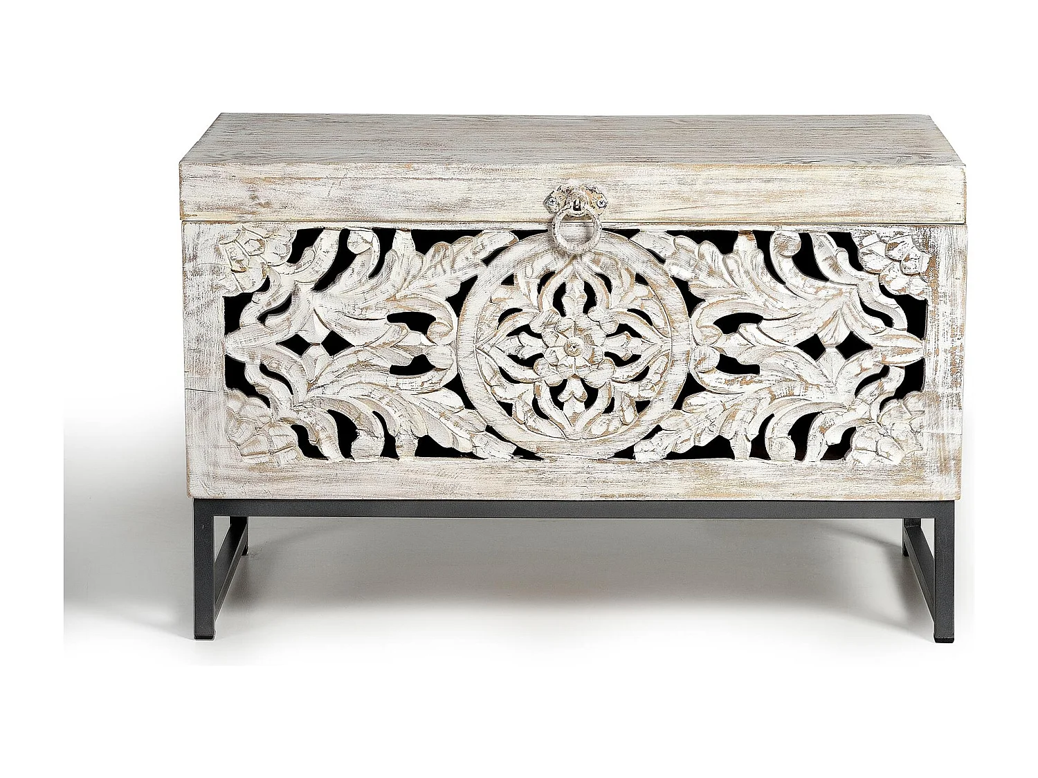 Baúl madera de mango y patas metal en blanco envejecido