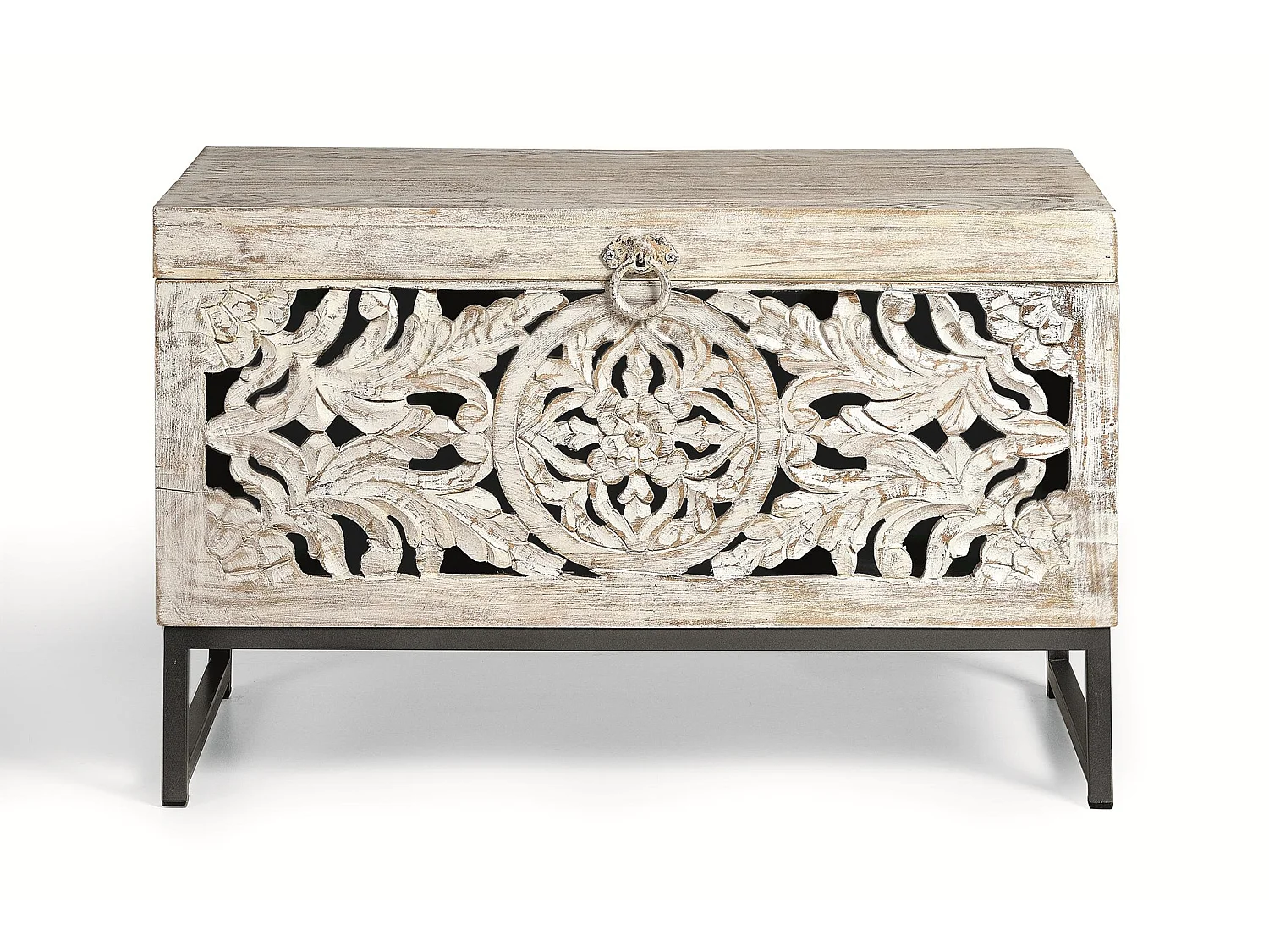 Coffre en bois de manguier sculpté de style ethnique bohème de 80 cm - 50 x 80 x 40 cm