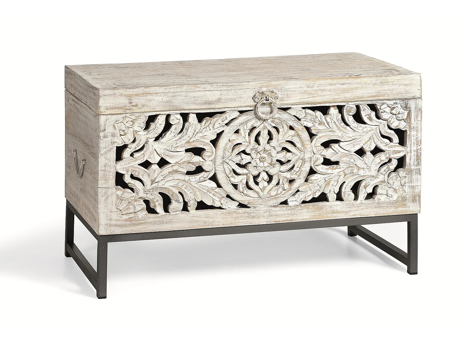 Coffre en bois de manguier sculpté de style ethnique bohème de 80 cm - 50 x 80 x 40 cm