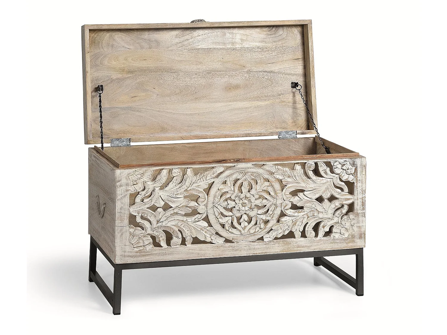 Coffre en bois de manguier sculpté de style ethnique bohème de 80 cm - 50 x 80 x 40 cm