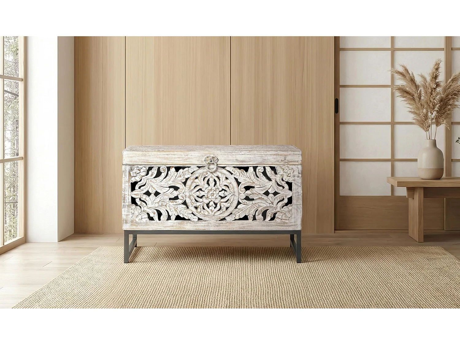 Coffre en bois de manguier sculpté de style ethnique bohème de 80 cm - 50 x 80 x 40 cm