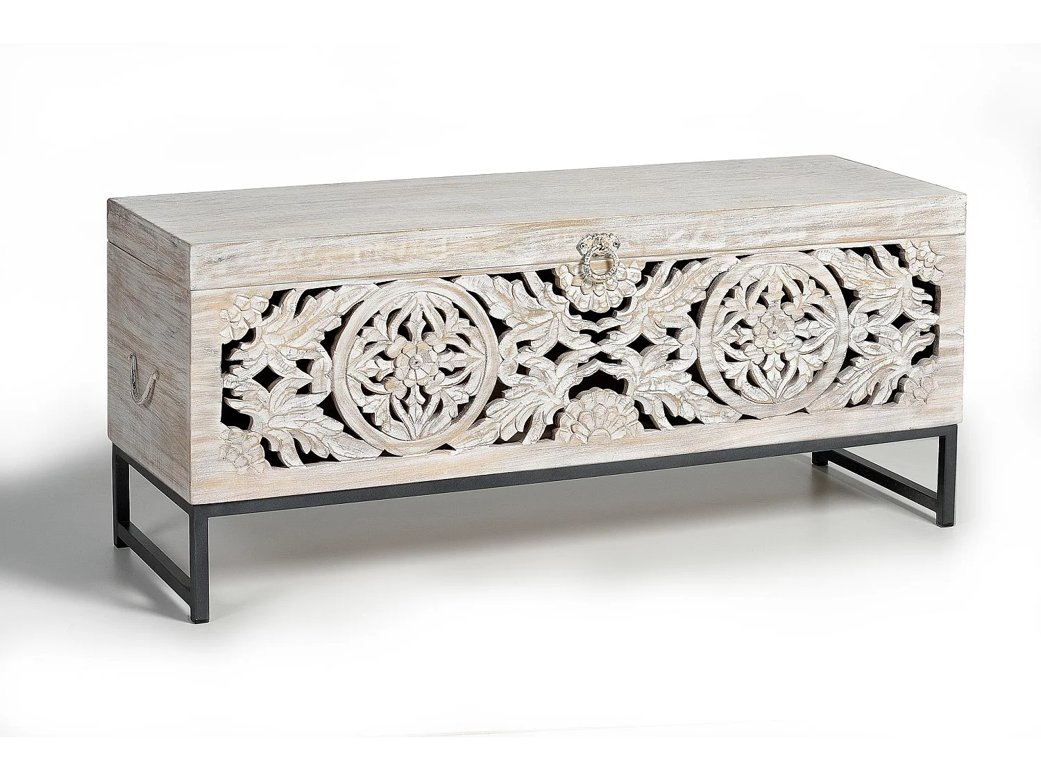 Cassapanca in massello di mango intagliato e piedi in metallo