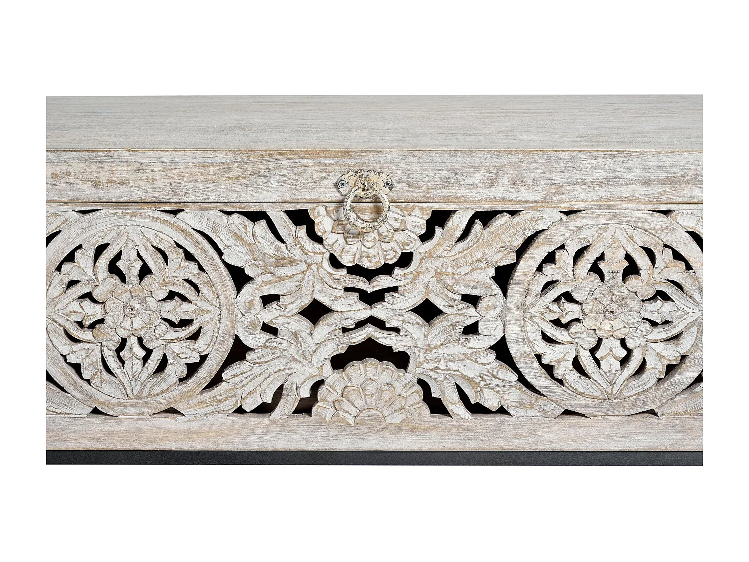 Cassapanca in massello di mango intagliato e piedi in metallo