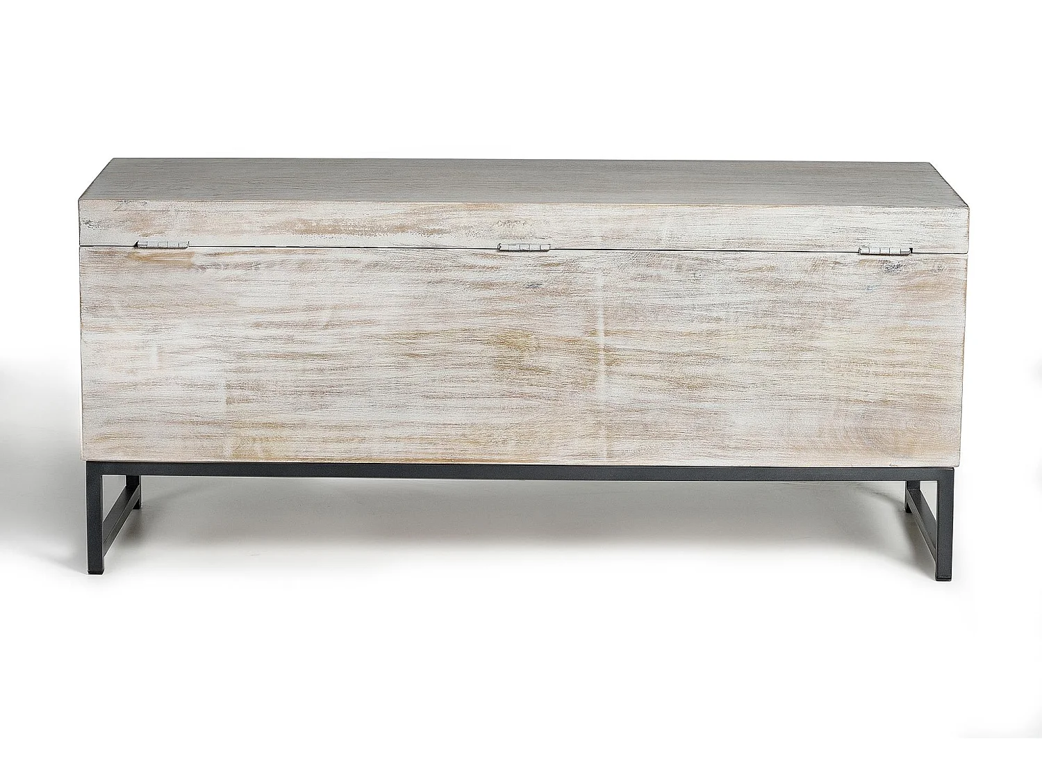 Cassapanca in massello di mango intagliato e piedi in metallo