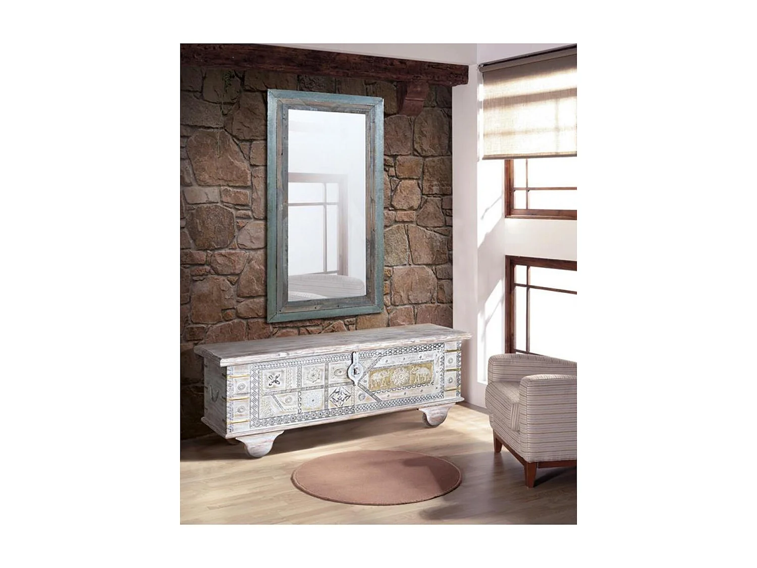 Coffre en bois de manguier blanc vieilli