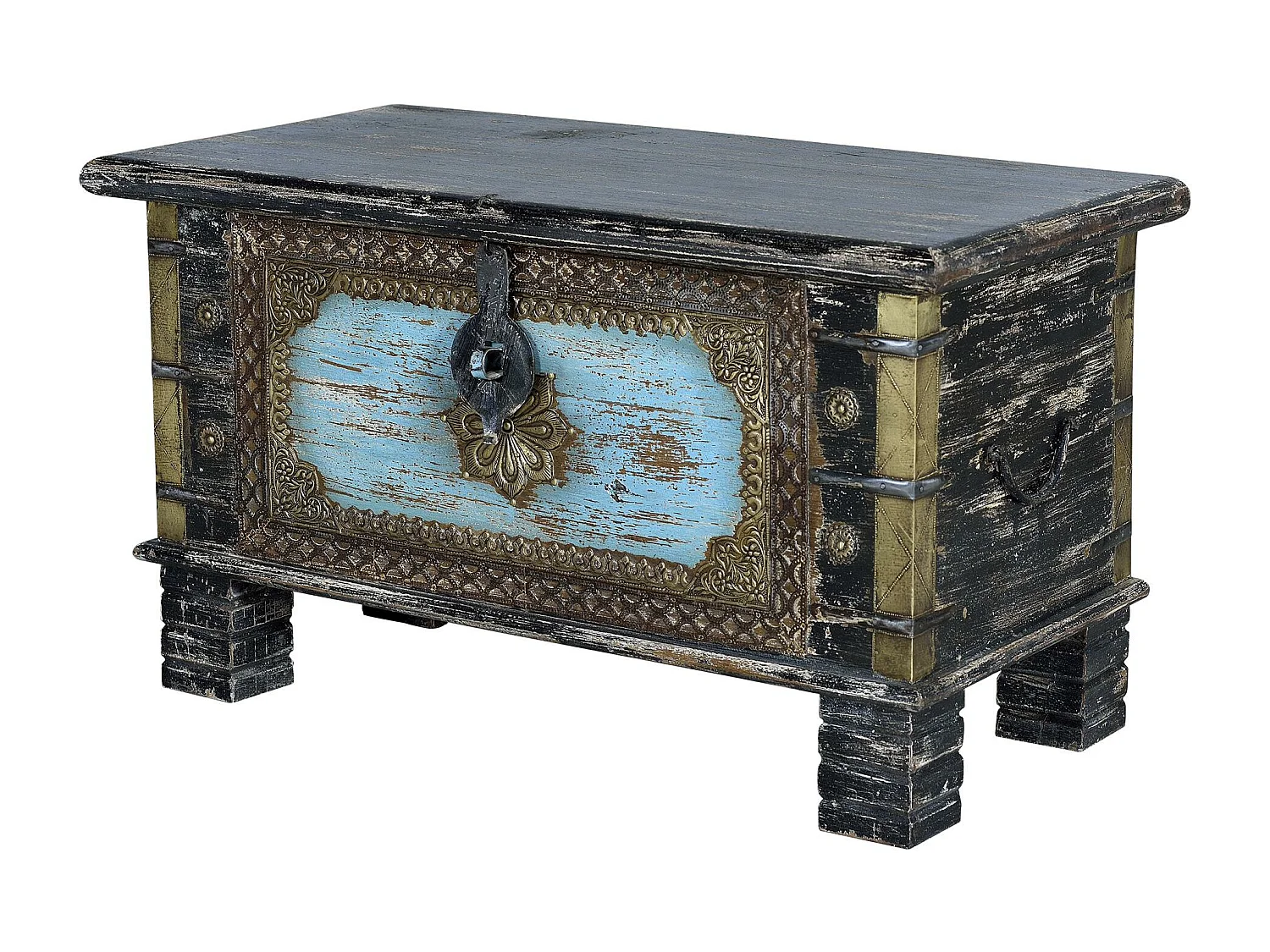 Coffre en bois de manguier noir vieilli avec détails bleus