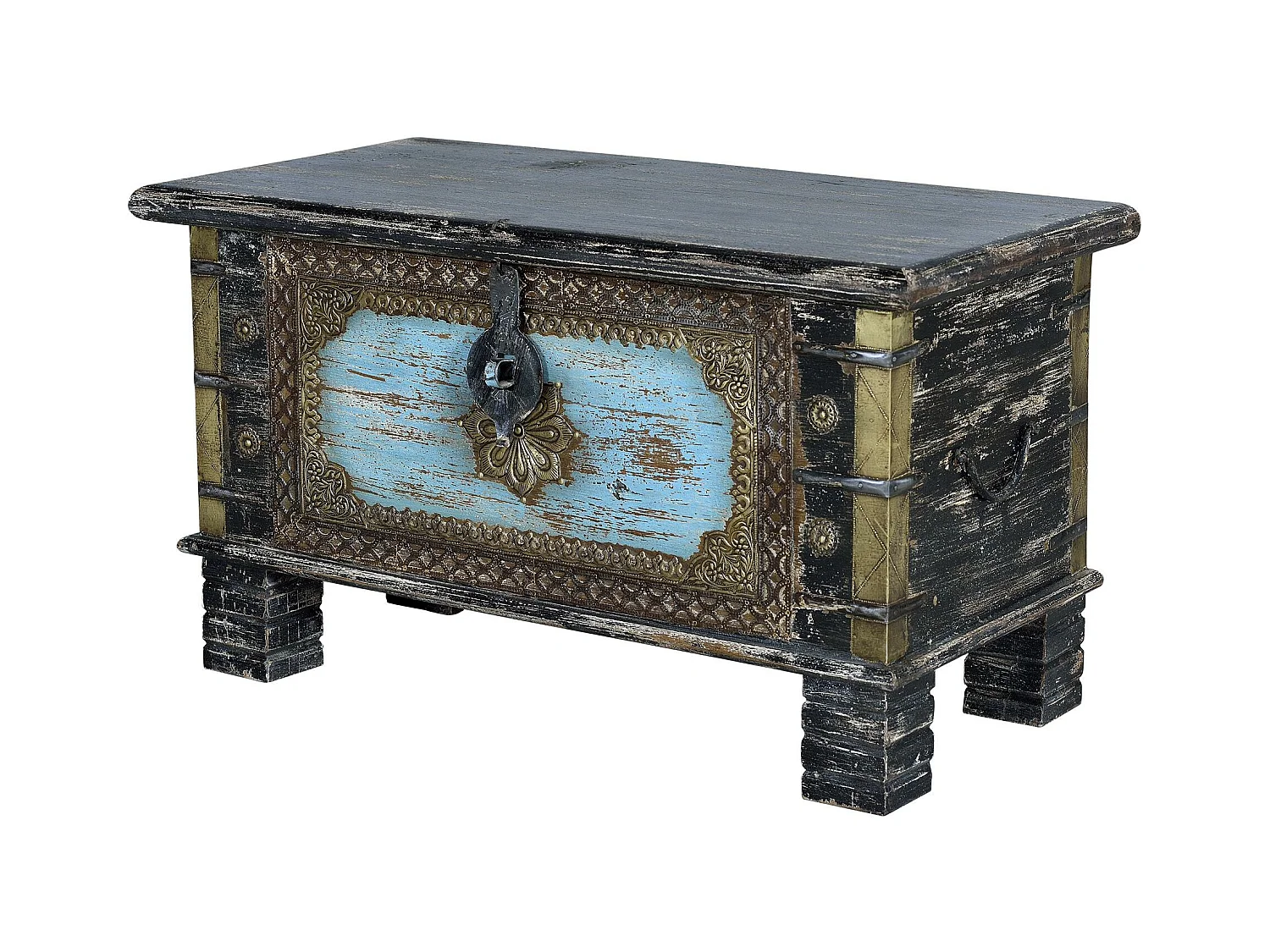 Coffre en bois de manguier noir vieilli avec détails bleus
