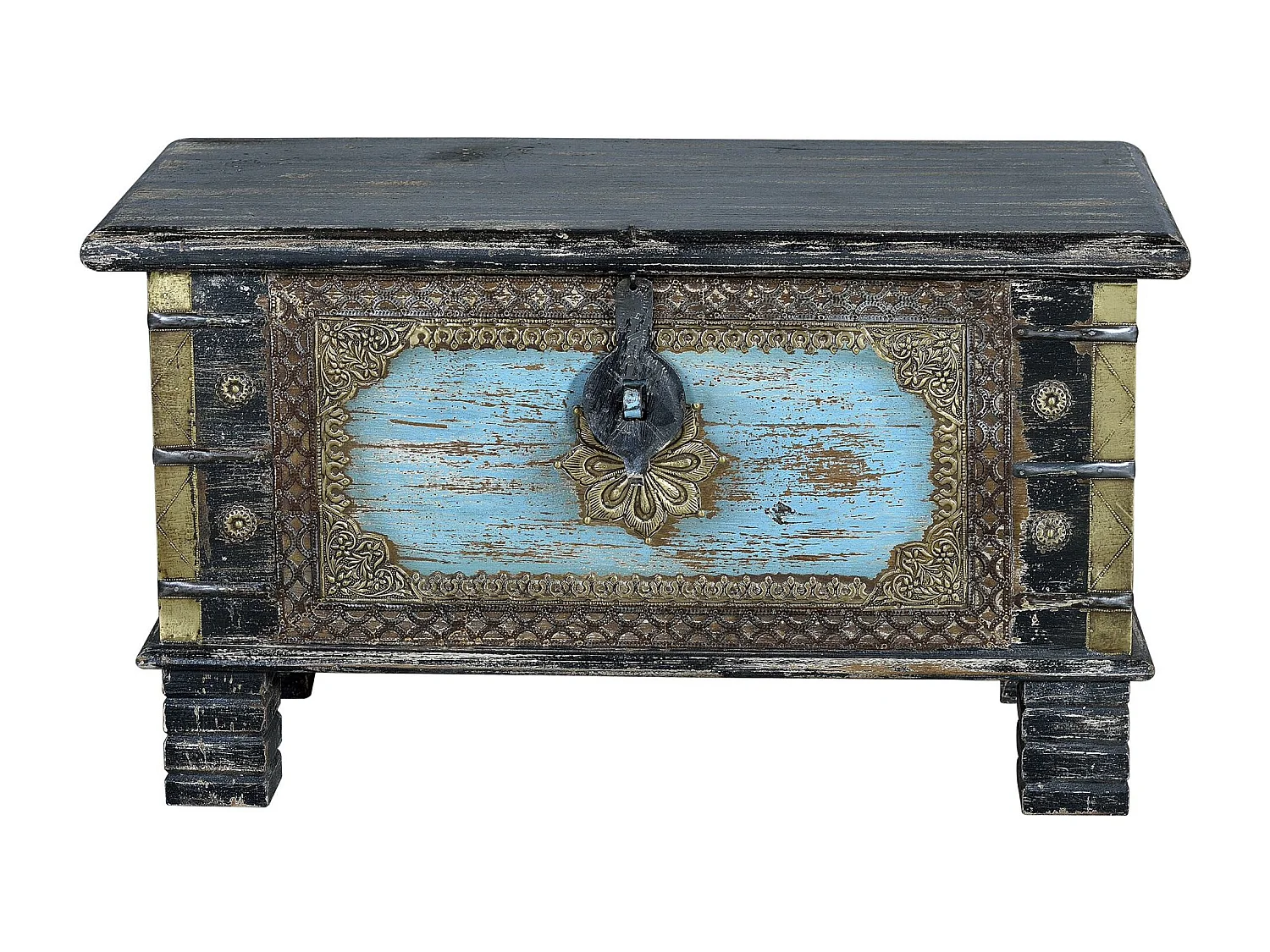 Coffre en bois de manguier noir vieilli avec détails bleus