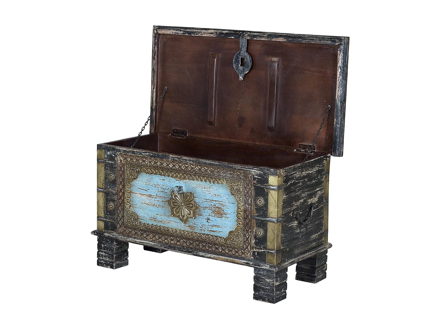 Coffre en bois de manguier noir vieilli avec détails bleus