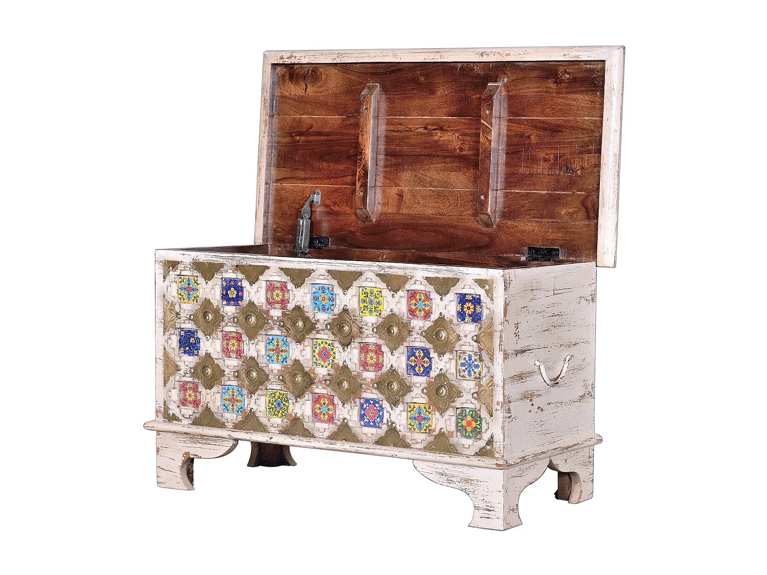 Truhe aus Mangoholz mit Keramikdetails