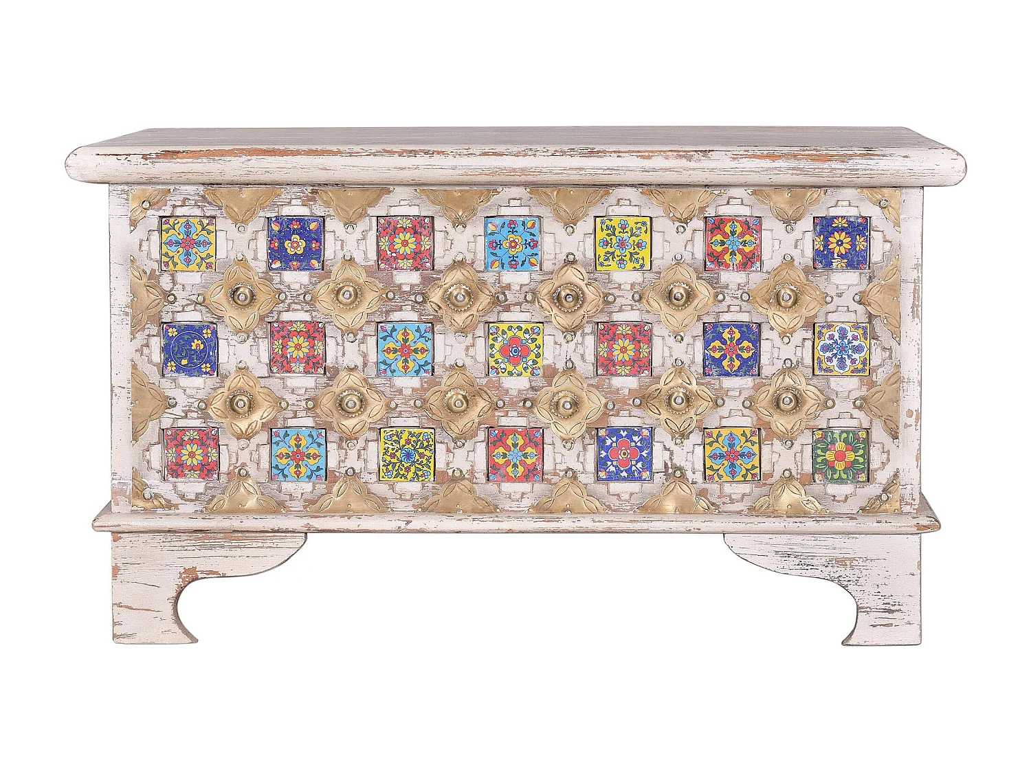 Coffre en bois de manguier détails en céramique et bronze