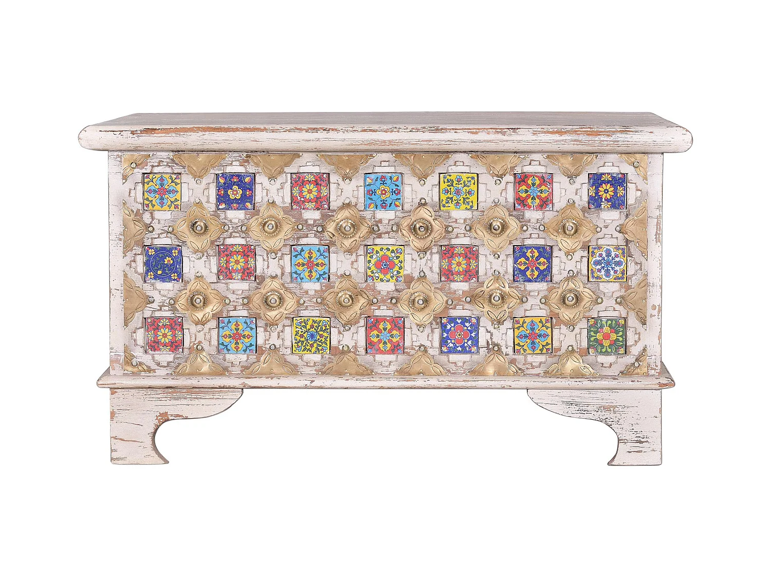 Baúl madera de mango detalles en cerámica y bronce Blanco.Giner y Colomer 46x40x80