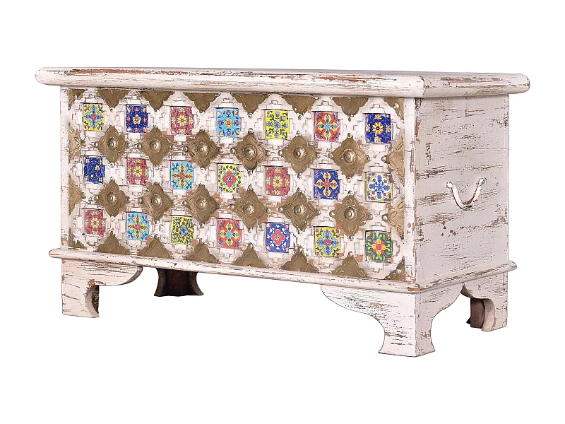 Coffre en bois de manguier détails en céramique et bronze