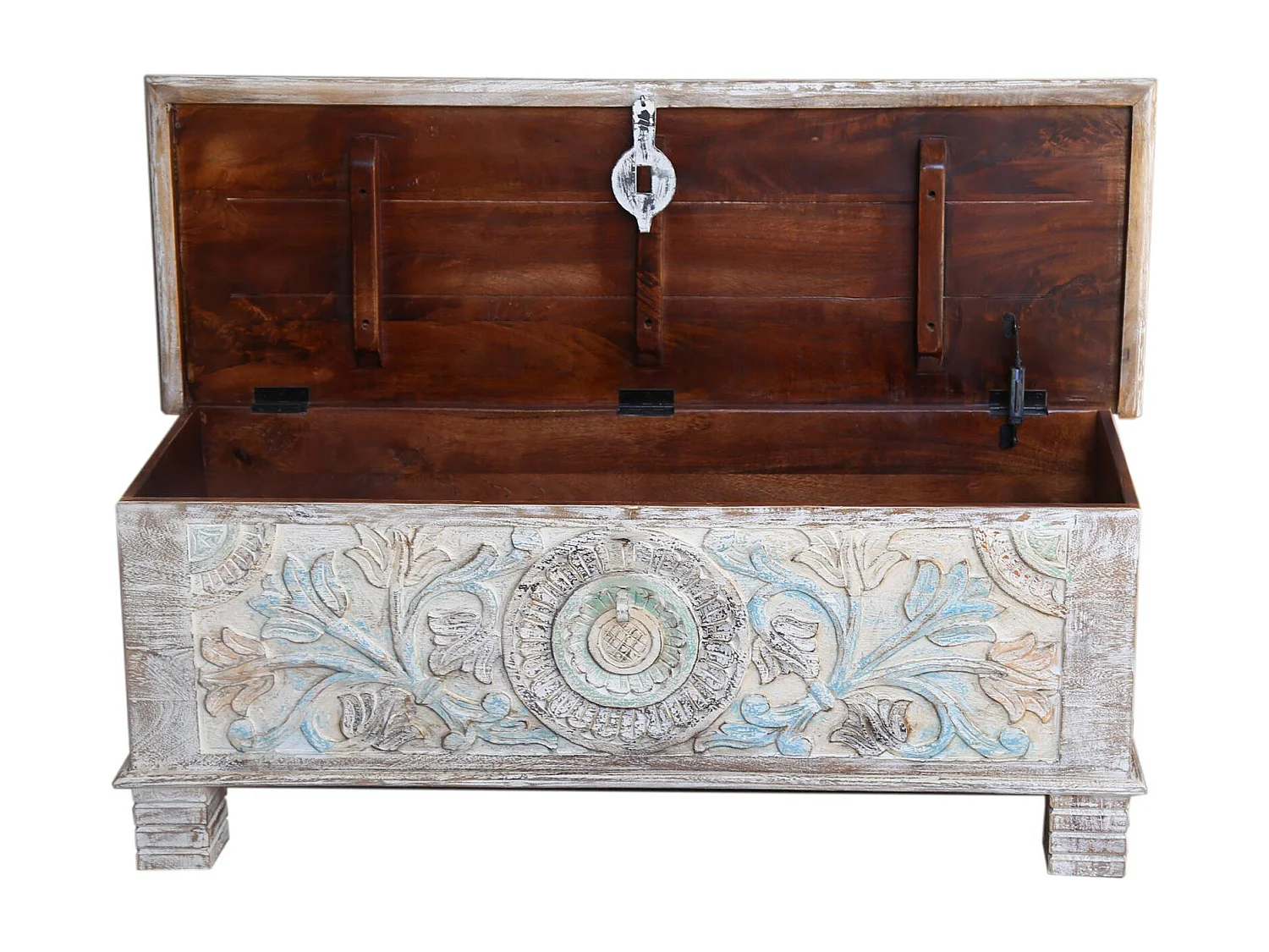 Coffre en bois de manguier aux couleurs pastel