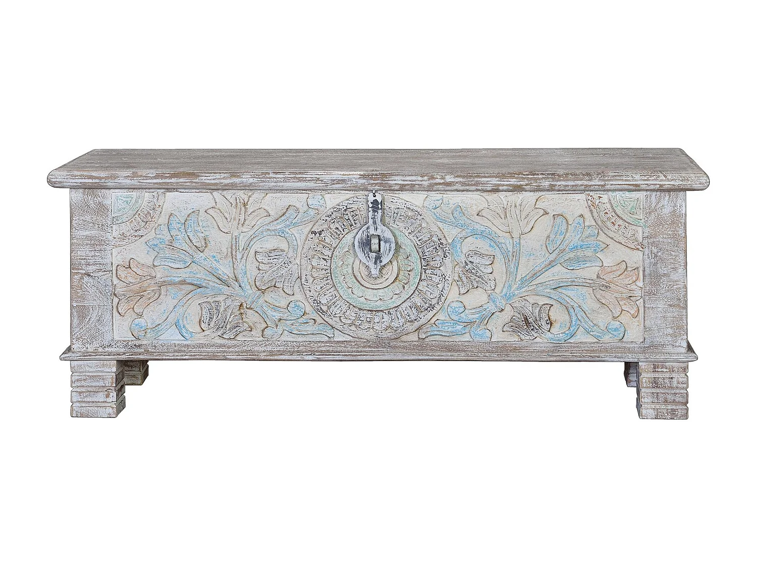 Coffre en bois de manguier aux couleurs pastel