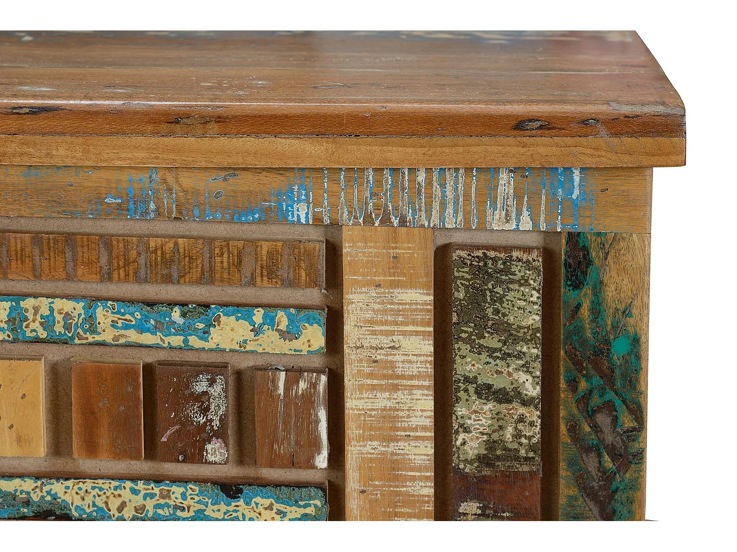 Cassapanca in legno di riciclo e piedi in metallo