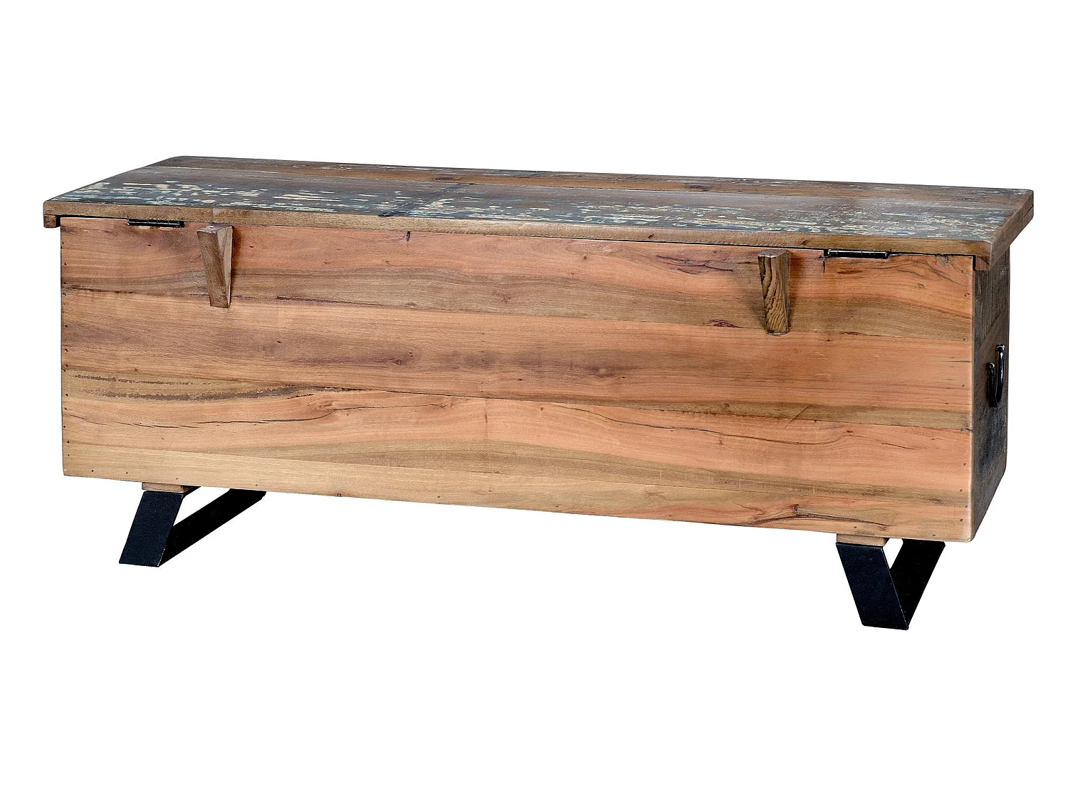 Coffre en bois recyclé 116 cm, style industriel vintage - 47 x 116 x 40