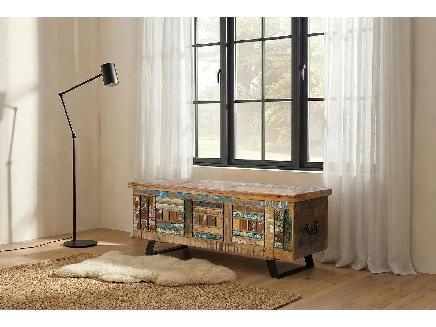 Coffre en bois recyclé 116 cm, style industriel vintage - 47 x 116 x 40