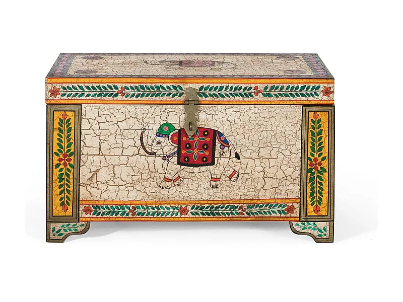 Kist van houten manguier, à la main veelkleurig geschilderd