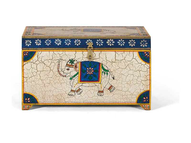 Coffre en bois manguier peint à la main multicolore