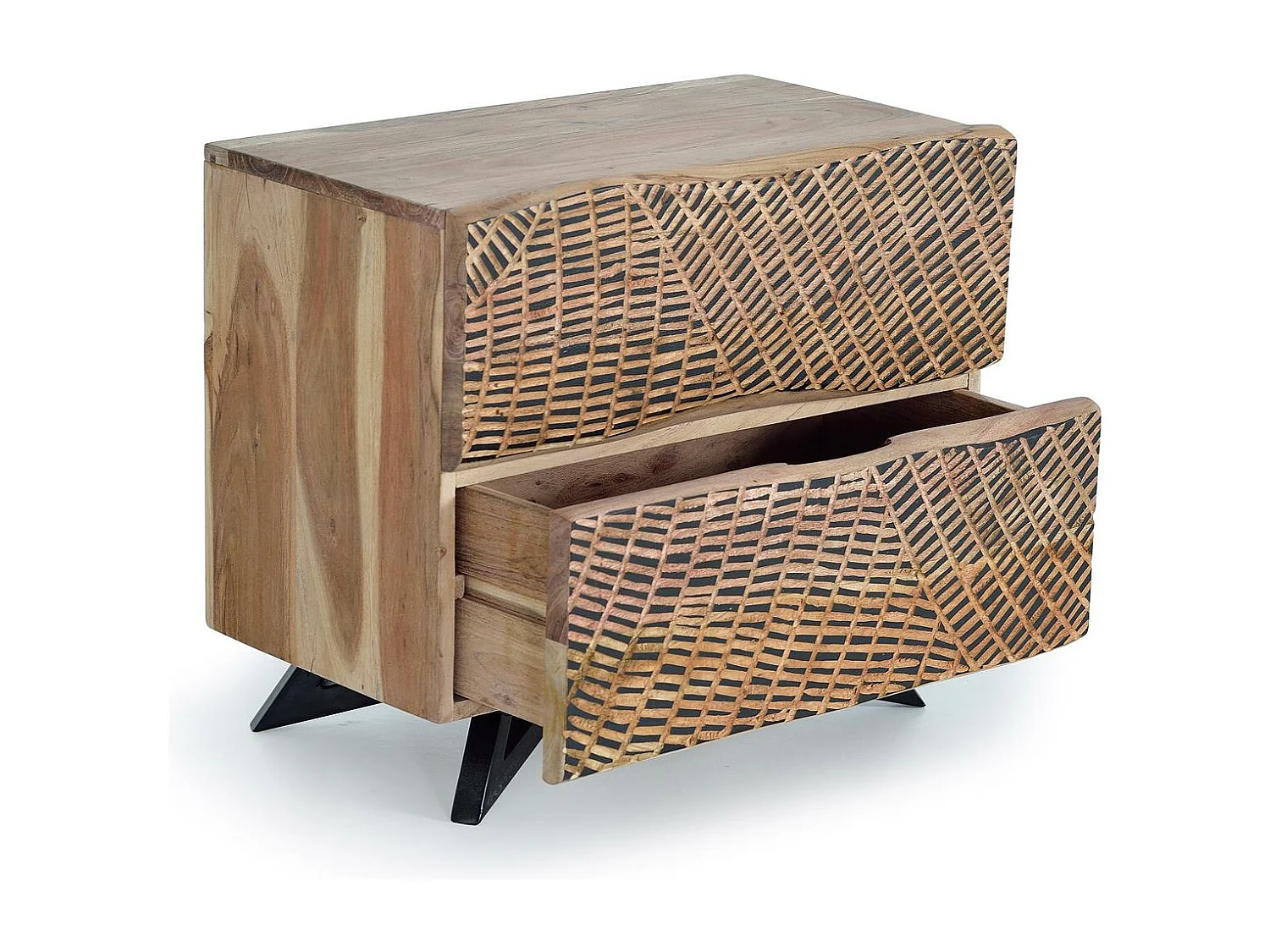 Stolik nocny z drewna akacjowego i metalowymi nogami