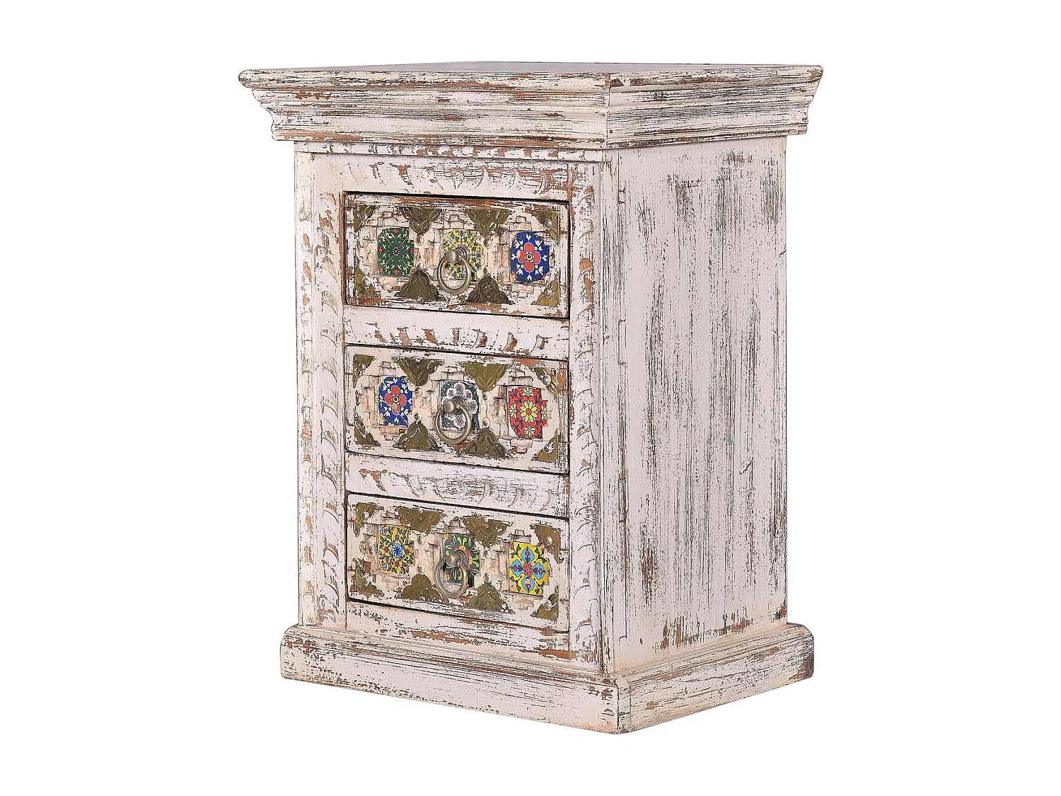 Tavolino in legno di mango con dettagli in ceramica e bronzo Blanco .60x35x45 Giner y Colomer