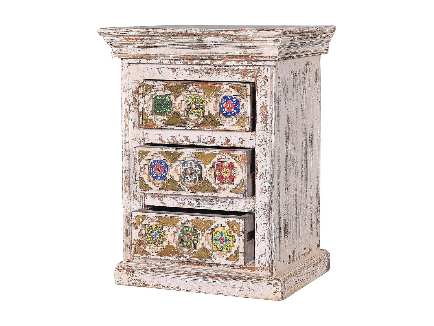 Tavolino in legno di mango con dettagli in ceramica e bronzo Blanco .60x35x45 Giner y Colomer