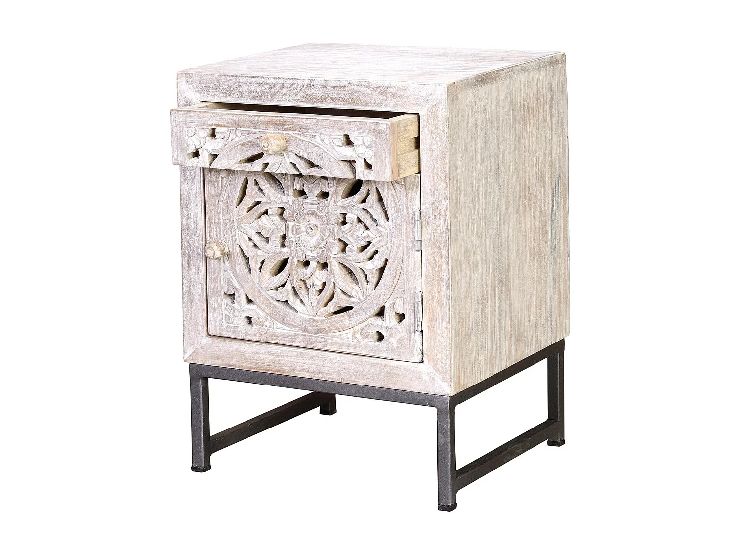 Table basse en manguier et pieds en métal blanc et gris