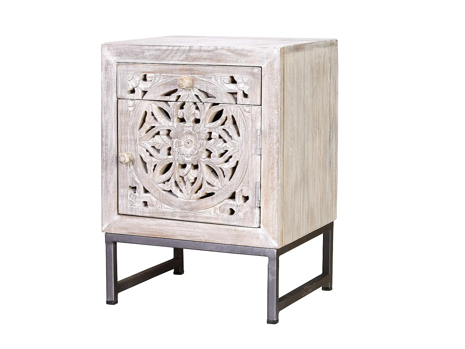 Mesita 1 puerta y 1 cajon fabricado en madera de mango y base de metal
