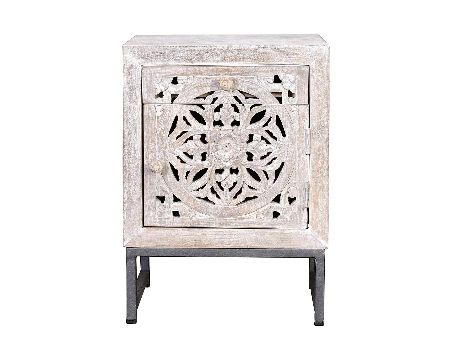 Mesita 1 puerta y 1 cajon fabricado en madera de mango y base de metal