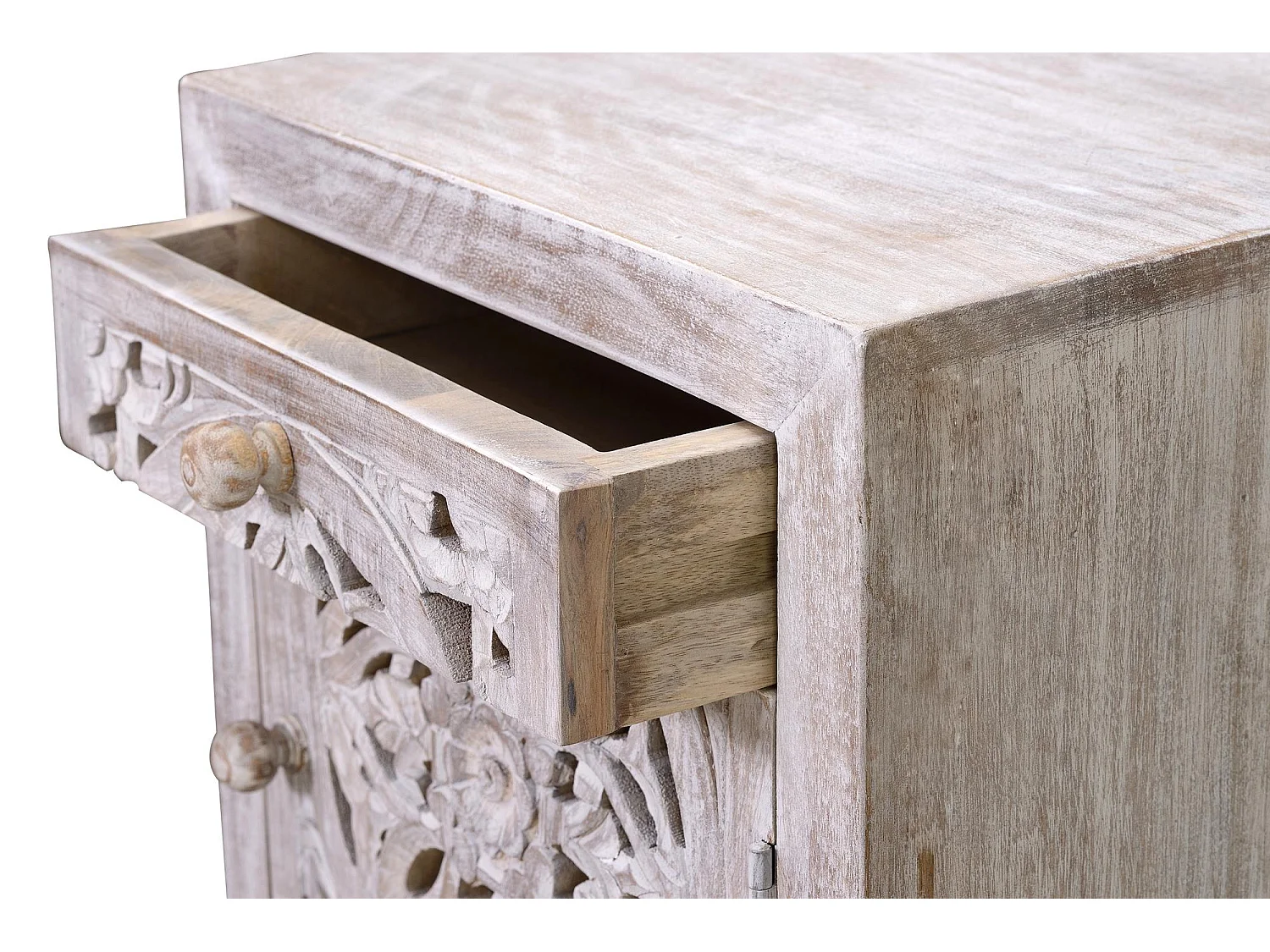 Mesita 1 puerta y 1 cajon fabricado en madera de mango y base de metal