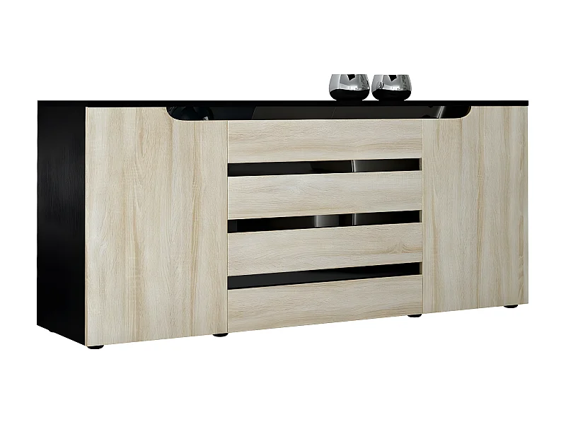 Buffet Bas Noir Mat Et Aspect Chêne (lxhxp) : 166 X 72 X 35