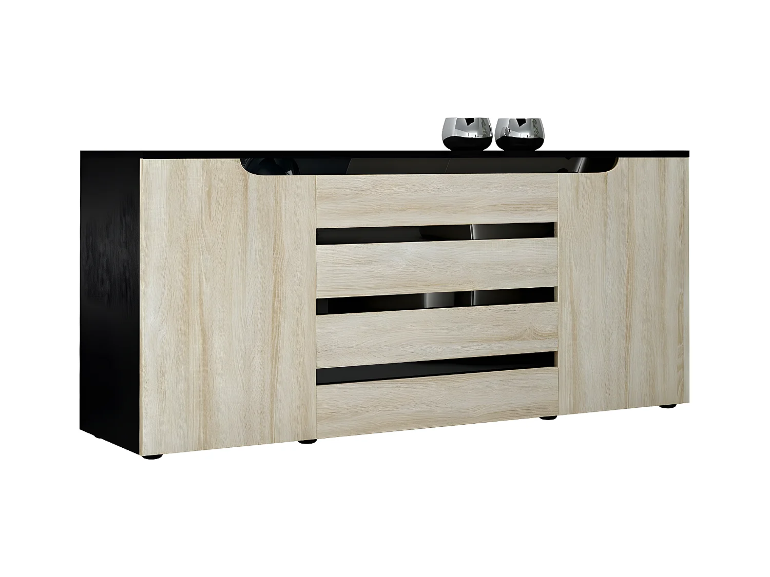 Buffet Bas Noir Mat Et Aspect Chêne (lxhxp) : 166 X 72 X 35