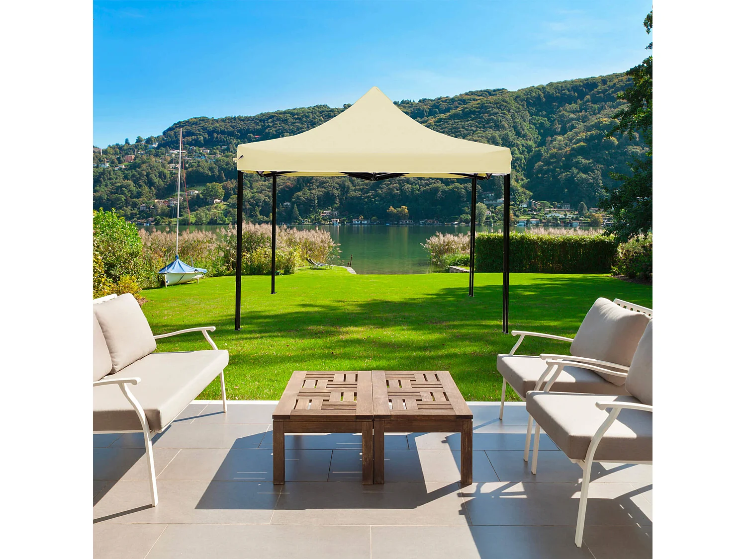 Gazebo Mobili Rebecca Aneto 3x3 mt Poliestere Metallo Beige Nero Parzialmente montato